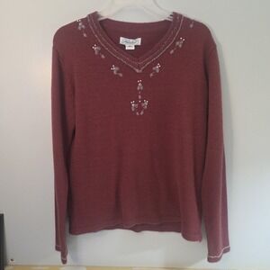 Haband Women's Med Floral Embroidered Sweater Pull Over Top Long Sleeve Maroon